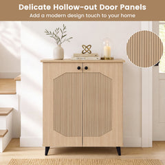 Geometric Cabinet 2‑Door PU‑like Freestanding Footwear Storage with Carved Panels for Entryway Hallway Living Room-Natural