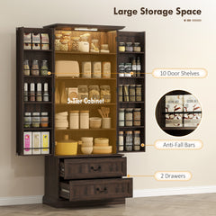 72" LED Kitchen Pantry Cabinet, Buffet Storage Cabinet with 10 Door Shelves, 2 Drawers and Adjustable Shelves, Black