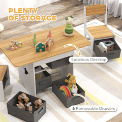 3 Piece Kids Table and Chair Set with 6 Removable Drawers, for Classroom, Living Room, Bedroom, Nursery, Light Grey