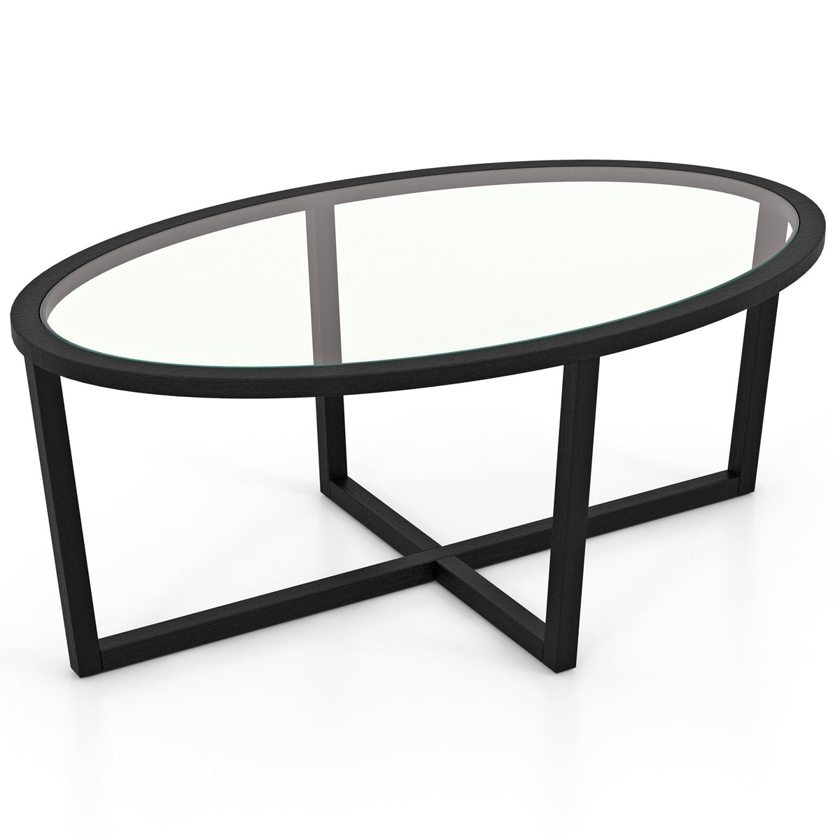 Oval Glass Coffee Table with Cross Base and Acacia Wood Legs, Black