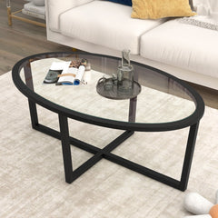 Oval Glass Coffee Table with Cross Base and Acacia Wood Legs, Black