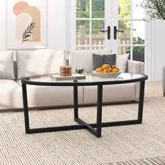 Oval Glass Coffee Table with Cross Base and Acacia Wood Legs, Black