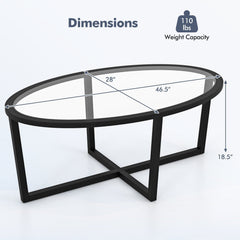 Oval Glass Coffee Table with Cross Base and Acacia Wood Legs, Black