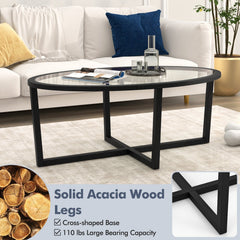 Oval Glass Coffee Table with Cross Base and Acacia Wood Legs, Black