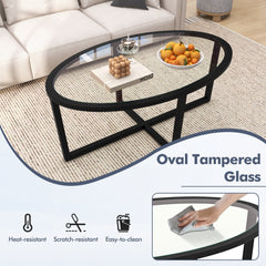 Oval Glass Coffee Table with Cross Base and Acacia Wood Legs, Black