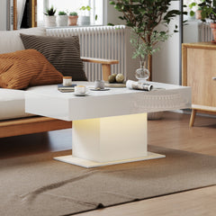Extendable Coffee Table with LED Lights, Modern High Gloss Center Table with Hidden Storage for Living Room, White