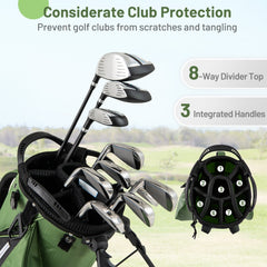Golf Stand Bag Lightweight Golf Bag with 8 Way Top Dividers and 5 Zippered Pockets-Green