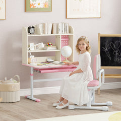 Kids Desk and Chair Set with Tilting Desktop, Adjustable Height, Drawer and Shelves for Boys Girls Ages 3-12, Grey