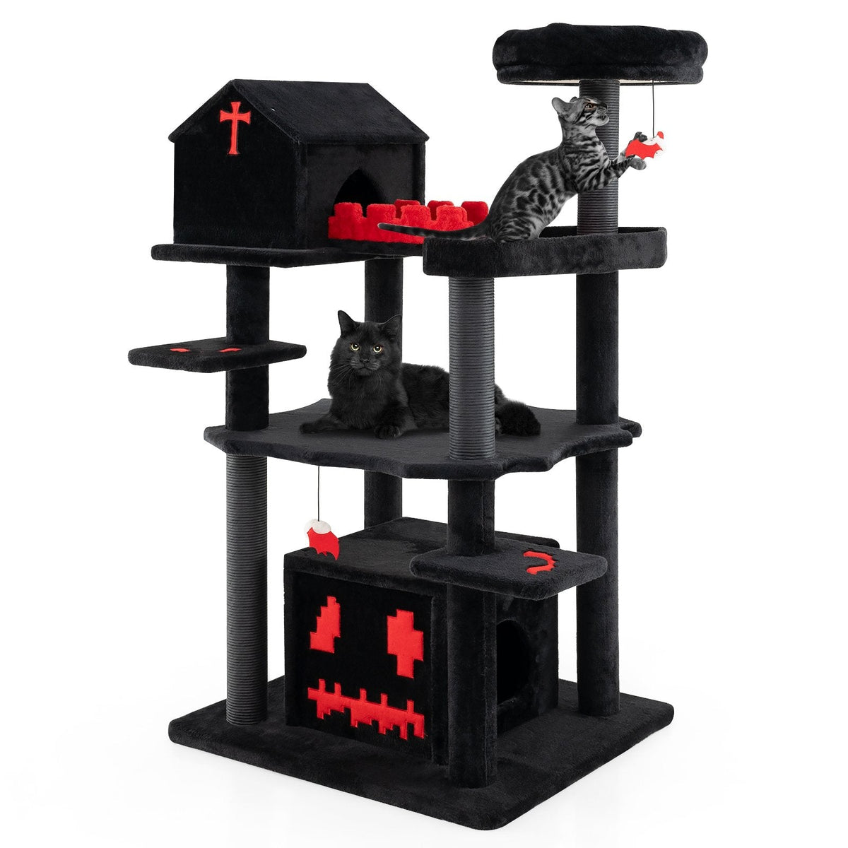 49 Inch Gothic Cat Tree with a Chapel Condo, Coffin Bed and Six Levels