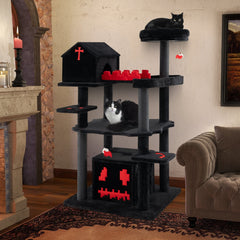49 Inch Gothic Cat Tree with a Chapel Condo, Coffin Bed and Six Levels