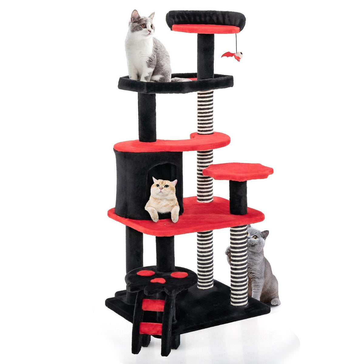 52 Inch Gothic Cat Tree with Striped Sisal Posts and a Railed Cat Bed