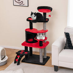 52 Inch Gothic Cat Tree with Striped Sisal Posts and a Railed Cat Bed