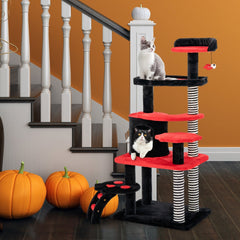 52 Inch Gothic Cat Tree with Striped Sisal Posts and a Railed Cat Bed