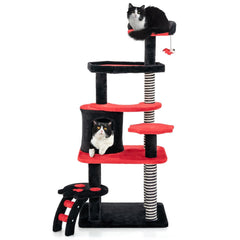 52 Inch Gothic Cat Tree with Striped Sisal Posts and a Railed Cat Bed