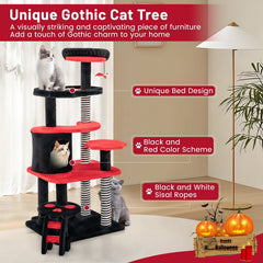 52 Inch Gothic Cat Tree with Striped Sisal Posts and a Railed Cat Bed