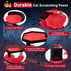 52 Inch Gothic Cat Tree with Striped Sisal Posts and a Railed Cat Bed