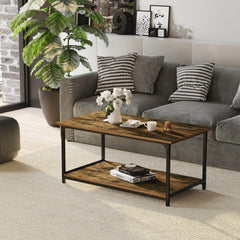 Industrial Coffee Table with Storage Shelf, 2-tier Center Table for Living Room, Rustic Brown