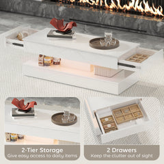 Coffee Table with Adjustable LED Lights, Modern Living Room Table with 2 Drawers, Open Shelf, Remote, High Gloss White
