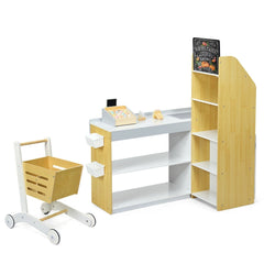 Wooden Grocery Store Playset with Shopping Cart, Till and Chalkboard for Kids