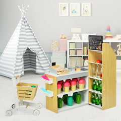 Wooden Grocery Store Playset with Shopping Cart, Till and Chalkboard for Kids