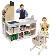 Wooden Grocery Store Playset with Shopping Cart, Till and Chalkboard for Kids