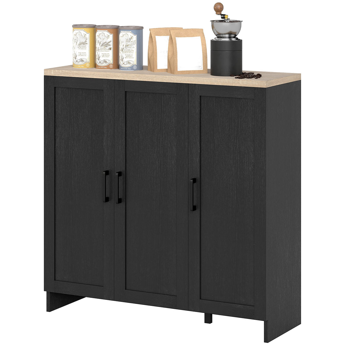 Modern Sideboard Buffet Cabinet, Modern Kitchen Storage Cabinet with 3 Doors Adjustable Shelves, for Dining Room, Black