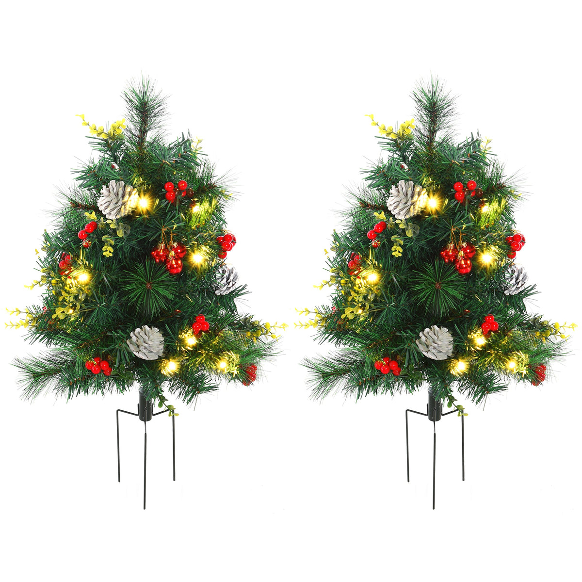 2.5ft 2 Pieces Prelit Artificial Christmas Tree with LED Light Mini Xmas Tree with Small Berry Pine Needles Pinecones Decorations for Garden
