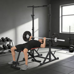 Adjustable Squat Rack, Multi-Function Bench Press Rack with Weight Plate Holders and Pull up Bar, Black