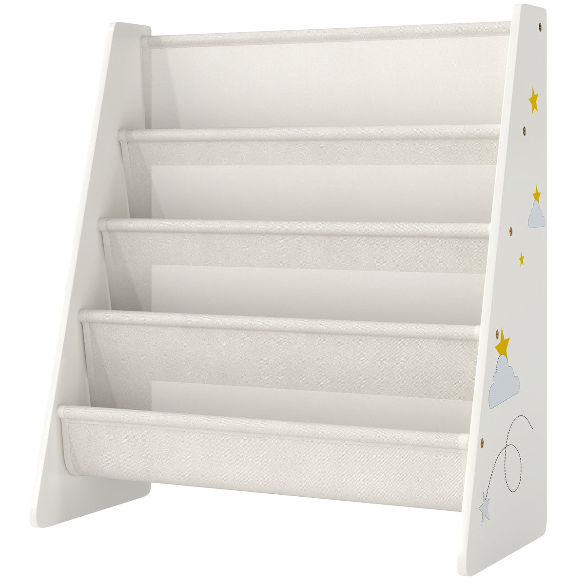 Fabric Kids Bookshelf, 4-Tier Toddler Sling Book Rack for Playroom, Bedroom, Nursery and Kids Room for Ages 3-6, White