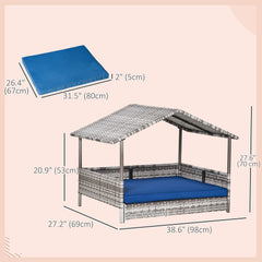 Rattan Dog House with Canopy, Wicker Dog Bed with Water-Resistant Cushion, for Small and Medium Breeds Dark Blue