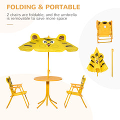 Kids Folding Picnic Table and Chair Set Pattern Outdoor Garden Patio Backyard with Removable & Height Adjustable Sun Umbrella Brown