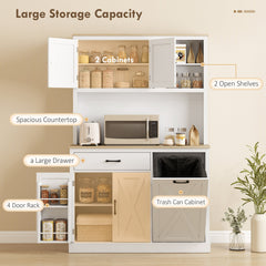 69" Pantry Cabinet with Charging Station, Kitchen Cabinet with Microwave Stand, Tilt-Out Trash Can Cabinet, Black