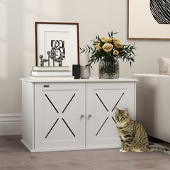 Hidden Cat Litter Box Enclosure with Double Doors, Hole, Pet House Side End Table, 31.5" x 19" x 20", White