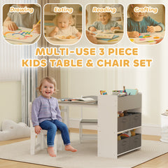 Kids Table and Chairs Set, Toddler Art Table and Chair Set with Paper Roll, Storage Shelves and Drawers, Grey