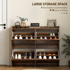 Narrow Shoe Storage Cabinet with 4 Flip Drawers, Adjustable Shelves, 16 Pair Farmhouse Shoe Cabinet, Rustic Brown