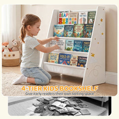 Fabric Kids Bookshelf, 4-Tier Toddler Sling Book Rack for Playroom, Bedroom, Nursery and Kids Room for Ages 3-6, White