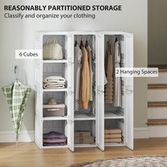 Portable Wardrobe, Foldable Plastic Closet with 8 Compartments, 2 Hanging Rods and Magnetic Clear Doors, Brown