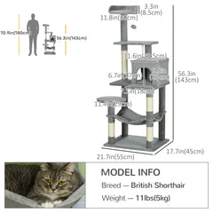 Tall Cat Tree for Indoor Cats, 56" Multi-Level Cat Tower with Hammock, Cat Bed, Cat Condo with Sisal Scratching Posts, Grey