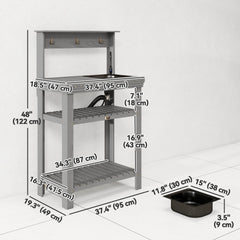 Outdoor Potting Bench Table with Faucet, Removable Sink, Hooks and Storage Shelves, Wood Work Bench Workstation, Grey