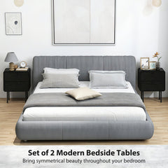 Modern Bedside Tables Set of 2, 2 Pieces Nightstands with 2 Storage Drawers and Steel Legs for Bedroom, Black Wood Grain