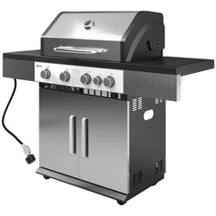 4+1 Burner Liquid Propane Gas Grill Outdoor Portable BBQ with Side Burner, Warming Rack, Side Shelf, Storage Cabinet, Thermometer, 4 Wheels, Tank Holder, Silver