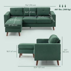 Sectional Sofa with Changeable Chaise Lounge, 3 Seat L-Shaped Small Space Sofa, Upholstered Couch for Small Space, Dark Grey