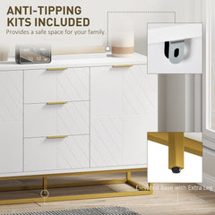 47" Storage Cabinet with Doors, Adjustable Shelves, 3 Drawers, Metal Legs for Kitchen Storage, Home Use, White