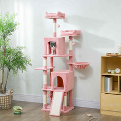 Cat Tree, 70" Multi-Level Cat Tower with 2 Condos, 2 Perches, Hammock, Toy Balls, Scratching Posts and Board, Dark Grey