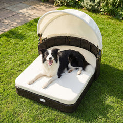 Handwoven Rattan Pet Daybed with 2 Detachable Soft Cushions for Small and Medium Dogs-White