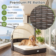 Handwoven Rattan Pet Daybed with 2 Detachable Soft Cushions for Small and Medium Dogs-White