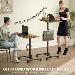 Height Adjustable Standing Desk, Pneumatic Sit Stand Desk with Wheels and Headphone Hook, Grey Wood Grain