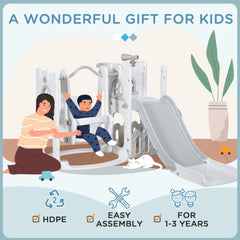 6-in-1 Slide and Swing Set Baby Swing Playset Indoor with Basketball Hoop, Climber, Storage Space, Telescope, Grey