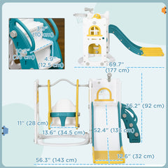 6-in-1 Slide and Swing Set Baby Swing Playset Indoor with Basketball Hoop, Climber, Storage Space, Telescope, Grey