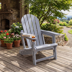 HDPE Adirondack Chair with Cup Holder and Wooden Texture for Patio-Gray